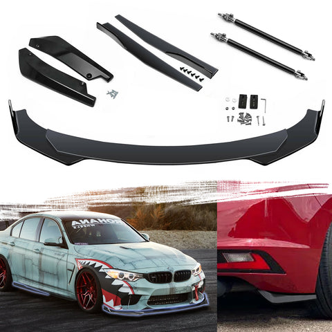 9Pcs Universal Fit Front Bumper Lip Chin Spoiler + Side Skirt Winglets Diffuser + Rear Bumper Canard Splitter Car Body Kits + Adjustable 8"-11" Support Rods