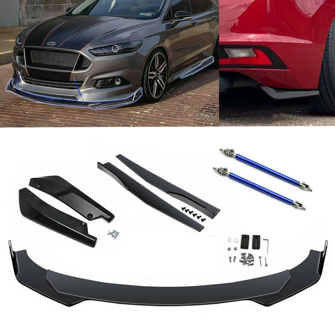 9Pcs Universal Fit Front Bumper Lip Chin Spoiler + Side Skirt Winglets Diffuser + Rear Bumper Canard Splitter Car Body Kits + Adjustable 8"-11" Support Rods
