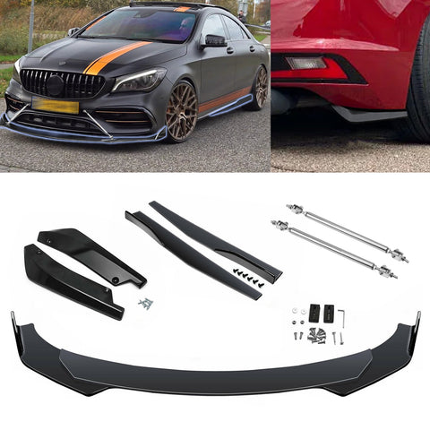 9Pcs Universal Fit Front Bumper Lip Chin Spoiler + Side Skirt Winglets Diffuser + Rear Bumper Canard Splitter Car Body Kits + Adjustable 8"-11" Support Rods