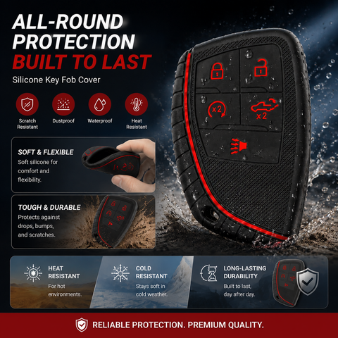 x xotic tech Silicone Smart Key Fob Cover Case Protector Gray w/Red Trim Fits Chevrolet Silverado 1500 2500HD 3500HD, Tahoe, Suburban & GMC Sierra, Yukon 5-Button Keyless Entry Remote Key Holder