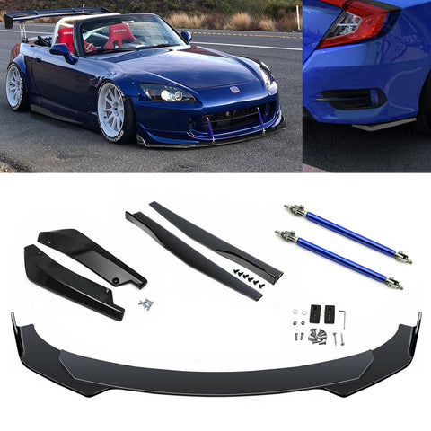 9Pcs Universal Fit Front Bumper Lip Chin Spoiler + Side Skirt Winglets Diffuser + Rear Bumper Canard Splitter Car Body Kits + Adjustable 10"-13" Support Rods