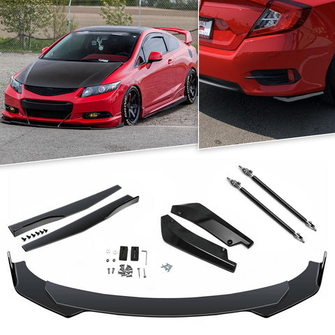 9Pcs Universal Fit Front Bumper Lip Chin Spoiler + Side Skirt Winglets Diffuser + Rear Bumper Canard Splitter Car Body Kits + Adjustable 10"-13" Support Rods