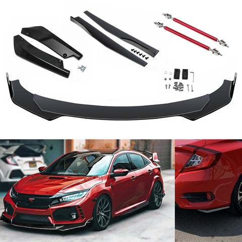 9Pcs Universal Fit Front Bumper Lip Chin Spoiler + Side Skirt Winglets Diffuser + Rear Bumper Canard Splitter Car Body Kits + Adjustable 10"-13" Support Rods