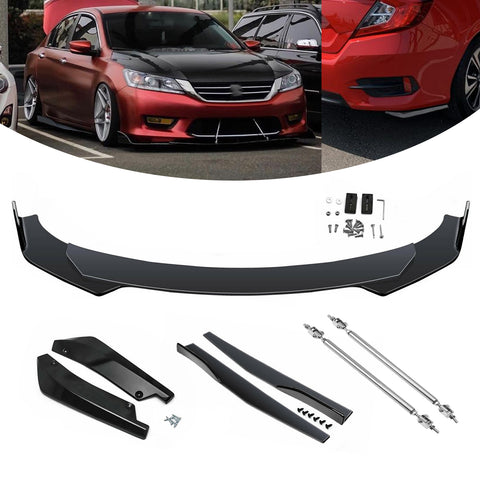 9Pcs Universal Fit Front Bumper Lip Chin Spoiler + Side Skirt Winglets Diffuser + Rear Bumper Canard Splitter Car Body Kits + Adjustable 10"-13" Support Rods
