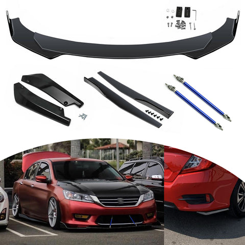 9Pcs Universal Fit Front Bumper Lip Chin Spoiler + Side Skirt Winglets Diffuser + Rear Bumper Canard Splitter Car Body Kits + Adjustable 10"-13" Support Rods