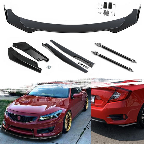 9Pcs Universal Fit Front Bumper Lip Chin Spoiler + Side Skirt Winglets Diffuser + Rear Bumper Canard Splitter Car Body Kits + Adjustable 10"-13" Support Rods