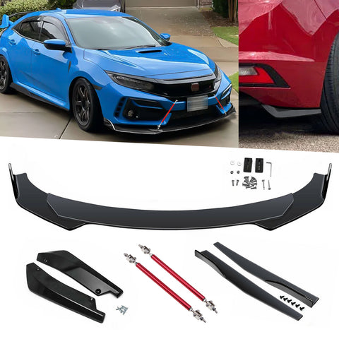 9Pcs Universal Fit Front Bumper Lip Chin Spoiler + Side Skirt Winglets Diffuser + Rear Bumper Canard Splitter Car Body Kits + Adjustable 10"-13" Support Rods