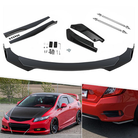 9Pcs Universal Fit Front Bumper Lip Chin Spoiler + Side Skirt Winglets Diffuser + Rear Bumper Canard Splitter Car Body Kits + Adjustable 10"-13" Support Rods
