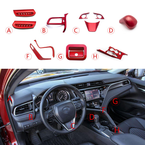Sporty Red Interior Console Gear Cover Trim Combo Kit For Toyota Camry 2018-2024