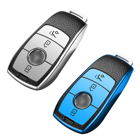 Soft TPU Leather Full Protection Smart Remote Key Fob Cover Case Holder Compatible with Mercedes E S Class 3 Button,Silver