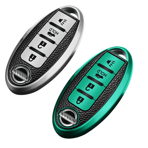 Silver Smart Remote Keyless FOB Shell Cover Soft TPU Leather 4 Button For Nissan