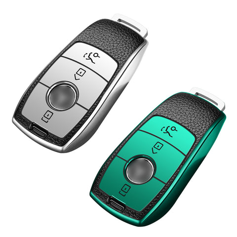 Soft TPU Leather Full Protection Smart Remote Key Fob Cover Case Holder Compatible with Mercedes E S Class 3 Button,Silver