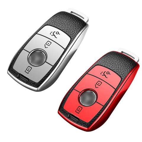 Soft TPU Leather Full Protection Smart Remote Key Fob Cover Case Holder Compatible with Mercedes E S Class 3 Button,Silver