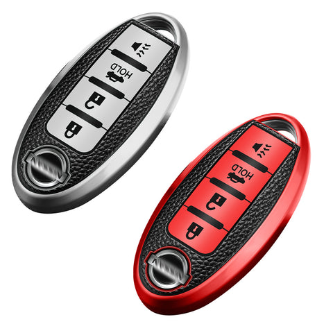 Silver Smart Remote Keyless FOB Shell Cover Soft TPU Leather 4 Button For Nissan