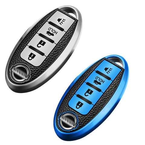 Silver Smart Remote Keyless FOB Shell Cover Soft TPU Leather 4 Button For Nissan