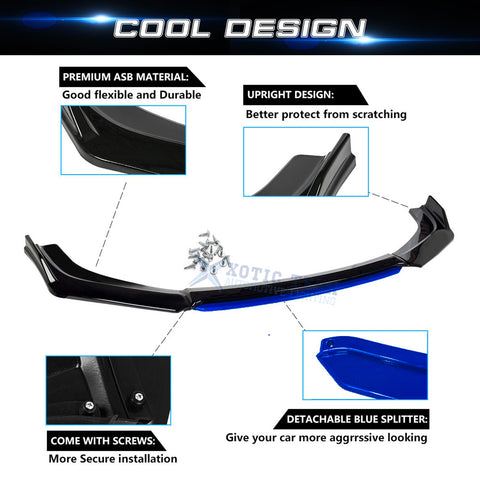 Xotic Tech Front Bumper Lip Chin Spoiler Splitter Diffuser Protector Guard Body Kit Compatible with Honda Accord Civic, Volkswagen MK5 MK6 MK7,Kia Optima,Mitsubishi Lancer, Black w/Blue 4pcs