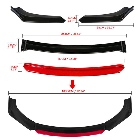 Front Bumper Lip Chin Spoiler Splitter Diffuser Protector Body Kit Compatible with Honda Accord Civic or Volkswagen MK5 MK6 MK7 or Kia Optima or Mitsubishi Lancer, Matte Black w/Red 4pcs