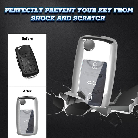 For Volkswagen Key Fob Cover, Flip Folding Remote Key Fob Case for VW Volkswagen Mk6 Bora Jetta GTI Passat Golf Tiguan Touareg Beetle, Silver