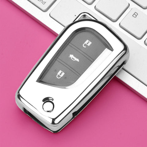 Soft TPU Silver Flip Key Fob Cover For Toyota Auris Corolla Yaris 2/3/4 Button