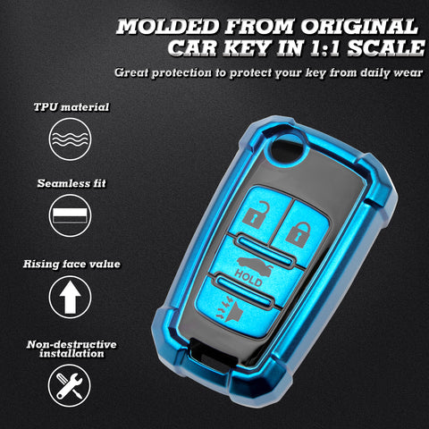Xotic Tech Blue TPU w/ Printed 4-Button Key Fob Shell Cover Case w/ Blue Keychain, Compatible with Chevrolet Camaro Cruze Malibu, Buick Encore, GMC Terrain Smart Keyless Entry Key