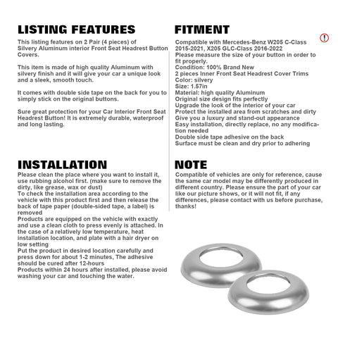 For Benz W205 2015-2021 X205 2016-22 Silver Seat Headrest Button Ring Trim 2PCS