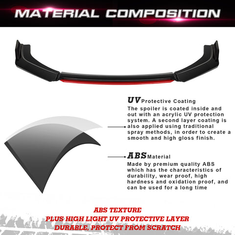 Front Bumper Lip Chin Spoiler Splitter Diffuser Protector Body Kit Compatible with Honda Accord Civic or Volkswagen MK5 MK6 MK7 or Kia Optima or Mitsubishi Lancer, Matte Black w/Red 4pcs