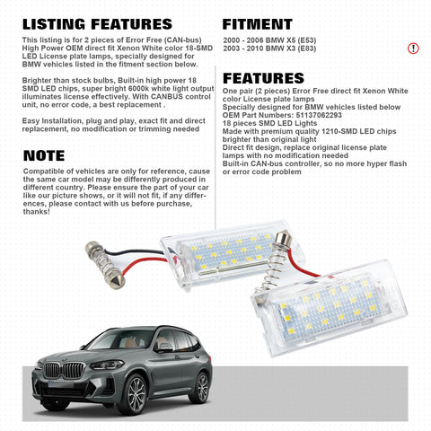 CANbus Error Free White LED License Plate Lights Lamps For BMW X5 X3 E53 E83
