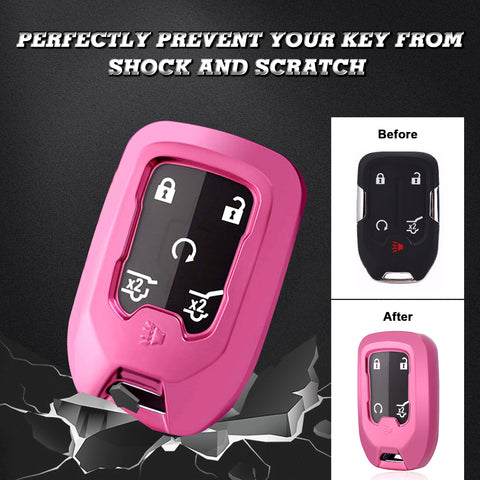 Pink Soft TPU Full Protect w/Button Key Fob Cover w/Keychain For Chevy GMC Yukon/XL/Denali