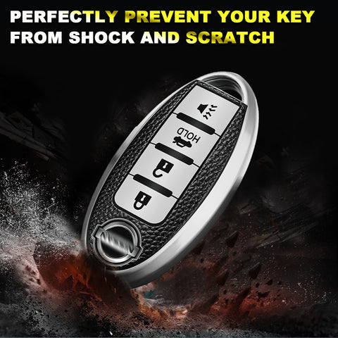 4 Buttons Remote Key Fob Shell TPU & Leather Full Protect Holder w/Keychain Silver For Nissan