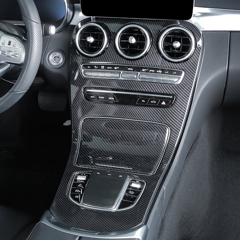 Center Console Gear Shift Panel Frame Cover Trim, Carbon Fiber Pattern, Compatible with Mercedes Benz C Class W205 2019-2020, GLC Class X253 2020 (Without Clock)