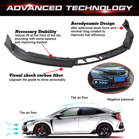 Front Bumper Lip Chin Spoiler Diffuser Splitter Guard Body Kit, Carbon Fiber Pattern, Compatible with Honda Civic Sedan 2019-2021