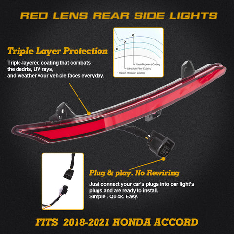 Red LED Bumper Reflector Flowing Brake Tail Light Signal For 2018-2021 Honda Accord