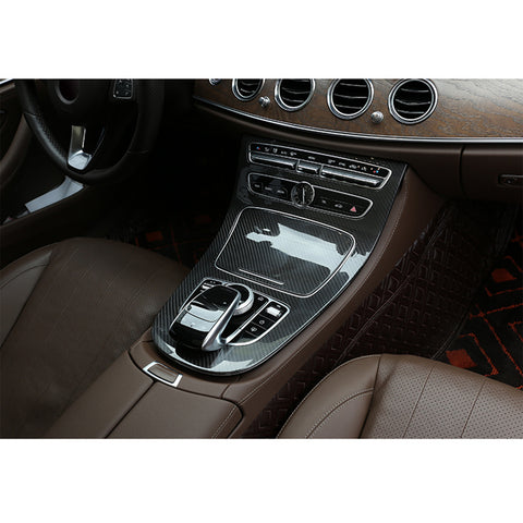 Center Console Gear Shift Panel Frame Cover Trim, Carbon Fiber Pattern, Compatible with Mercedes Benz E Class W213 2016-2018 (With Clock)