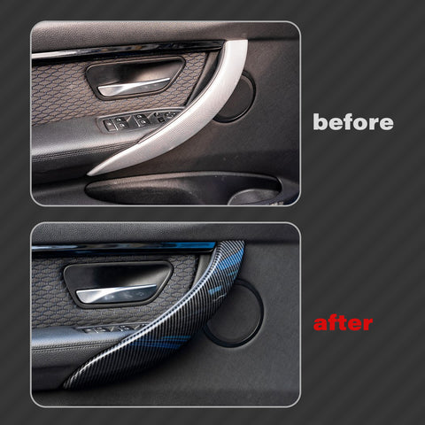 4pcs Interior Door Pull Handle Armrest Grab Cover Trim Strip For BMW 3 4 Series F30 F31 F34 F36, Carbon Fiber Style