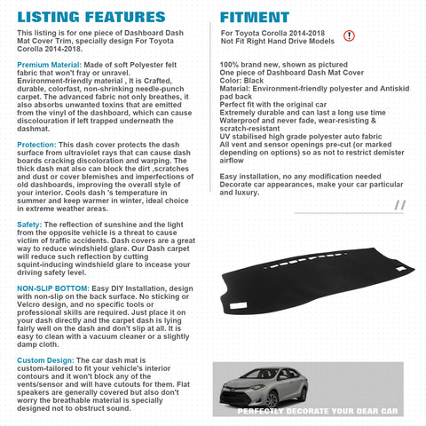 Center Console Dashboard Mat Pre-cut Non-Slip Sunshield Sun Glare Protector Dash Carpet Pad Black Cover Compatible with Toyota Corolla 2014-2018