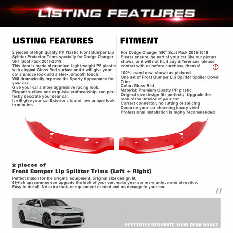 2PCS Exterior Front Bumper Lip Splitter Spoilers Protector Bumper Corner Edge Guard Cover Trim Accessories Compatible With Dodge Charger SRT Hellcat/SRT 392/Scat Pack/RT Scat Pack 2015-2021, Red