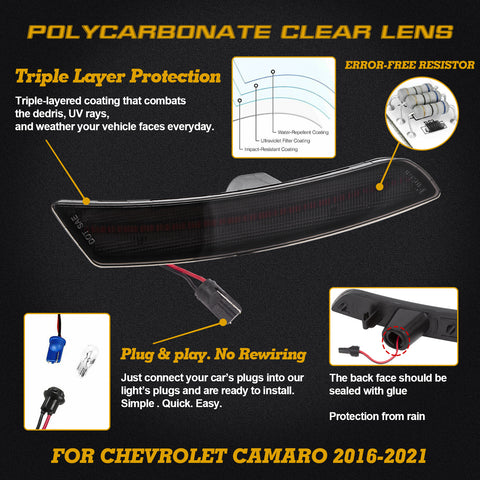4PCS ABS Smoked Lens Front Rear LED Side Marker Light For Chevrolet Camaro 2016-2021