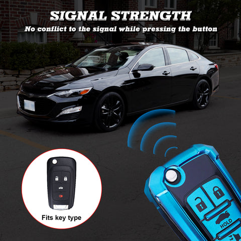 Xotic Tech Blue TPU w/ Printed 4-Button Key Fob Shell Cover Case w/ Blue Keychain, Compatible with Chevrolet Camaro Cruze Malibu, Buick Encore, GMC Terrain Smart Keyless Entry Key