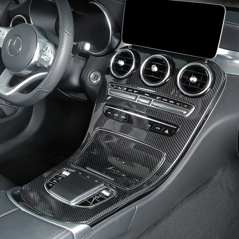 Center Console Gear Shift Panel Frame Cover Trim, Carbon Fiber Pattern, Compatible with Mercedes Benz C Class W205 2019-2020, GLC Class X253 2020 (Without Clock)