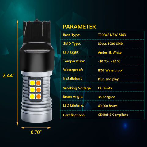 LED Turn Signal Parking/DRL Lights 7443 7444 Switchback Amber White Dual Color