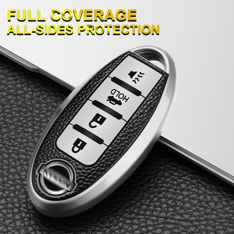 4 Buttons Remote Key Fob Shell TPU & Leather Full Protect Holder w/Keychain Silver For Nissan