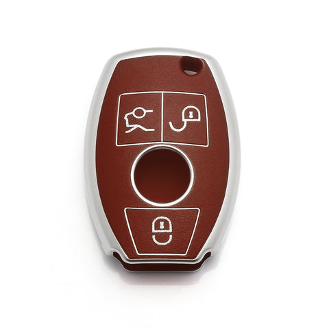 Key Fob Cover Case Shell Keyless Full Protect Brown w/Keychain For Mercedes Benz 3 Button