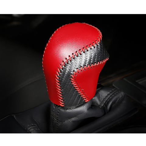 Central Console Gear Shift Head Knob Automatic Transmission Shifter Lever DIY Leather Sewing Protector Cover Decoration,Black Red with Red Stitches, Compatible with Toyota Camry 2018-2022