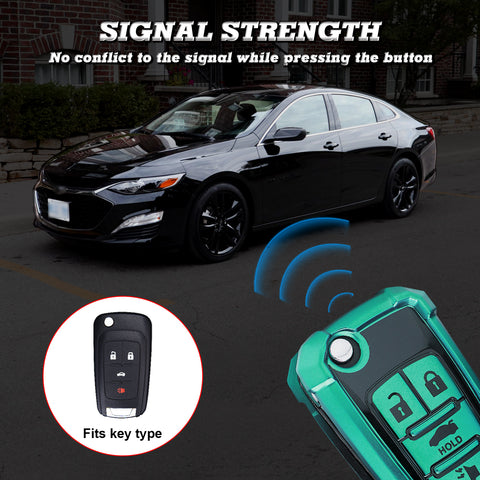 Xotic Tech Green TPU w/ Printed 4-Button Key Fob Shell Cover Case w/ Black Keychain, Compatible with Chevrolet Camaro Cruze Malibu, Buick Encore, GMC Terrain Smart Keyless Entry Key