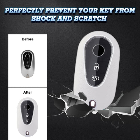 White TPU w/Leather Texture Full Protect Remote Key Fob w/Keychain For Mercedes S-Class 2020+
