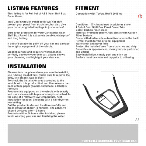 Full Set Carbon Fiber Style Console Gear Shift Box Cover For Toyota RAV4 2019-up