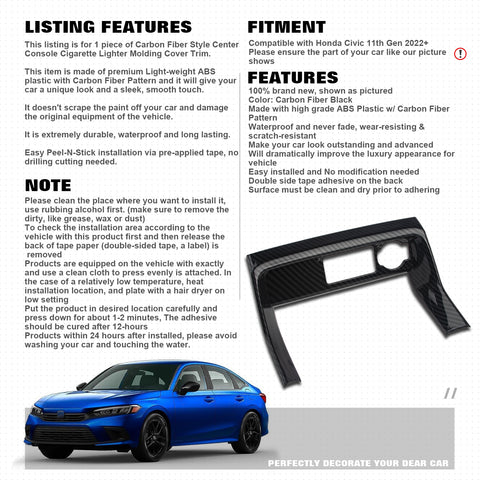 Carbon Fiber Look Center Console Cigarette Lighter Cover For Honda Civic 2022-up