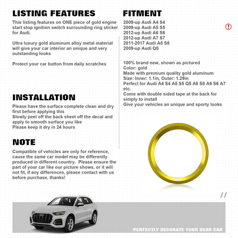 Aluminum Keyless Start Engine Stop Push Button Surrounding Ring Decoration Cover Trim Compatible with Audi A4 A5 A6 A7 Q5, etc (Gold)