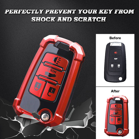 Xotic Tech Red TPU w/ Printed 4-Button Key Fob Shell Cover Case w/ Red Keychain, Compatible with Chevrolet Camaro Cruze Malibu, Buick Encore, GMC Terrain Smart Keyless Entry Key