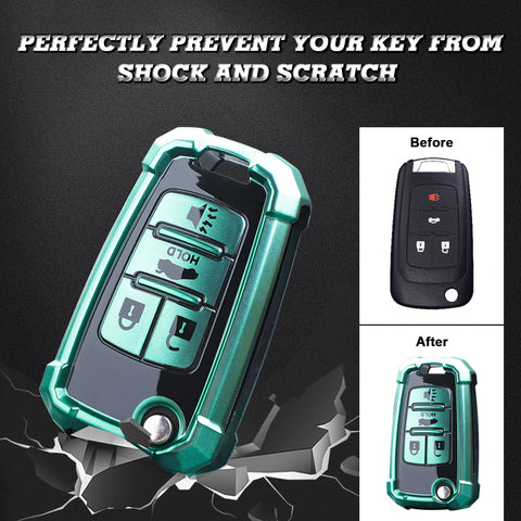 Xotic Tech Green TPU w/ Printed 4-Button Key Fob Shell Cover Case w/ Black Keychain, Compatible with Chevrolet Camaro Cruze Malibu, Buick Encore, GMC Terrain Smart Keyless Entry Key